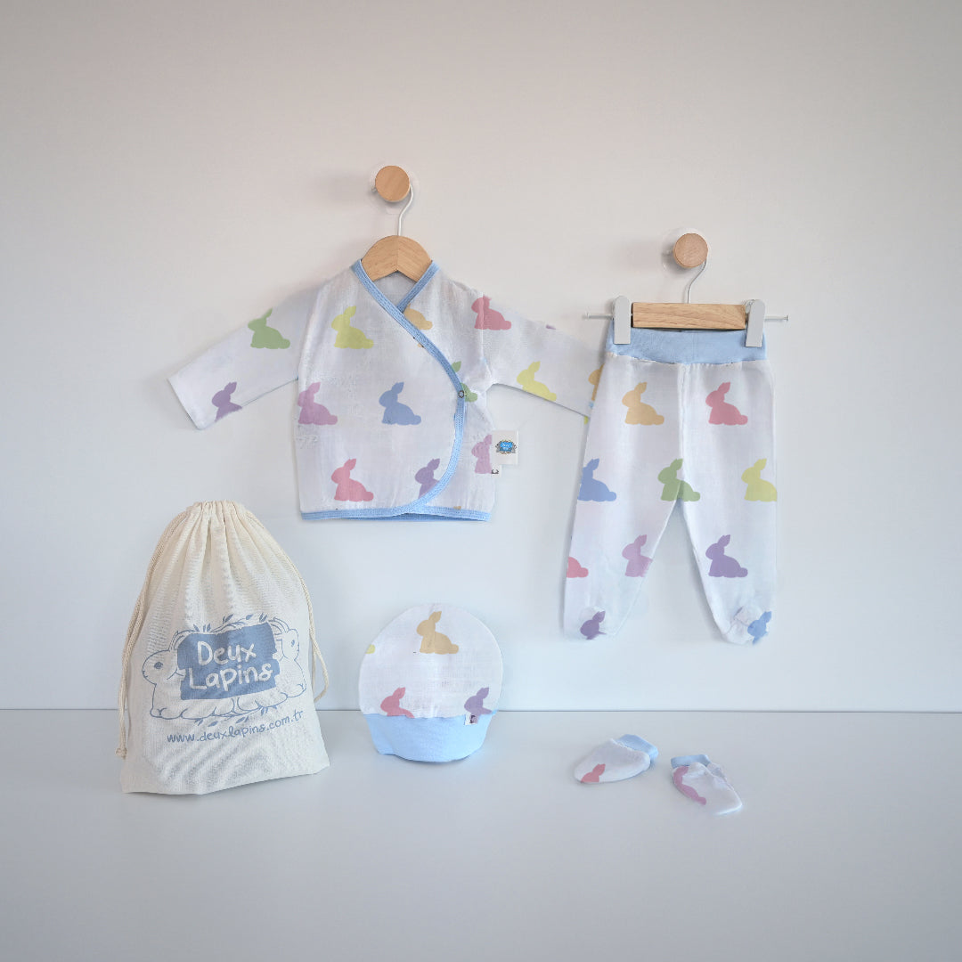 Yenidoğan Bebek Hastane Çıkış Seti 4 Parça - Rainbow Lapin Blue