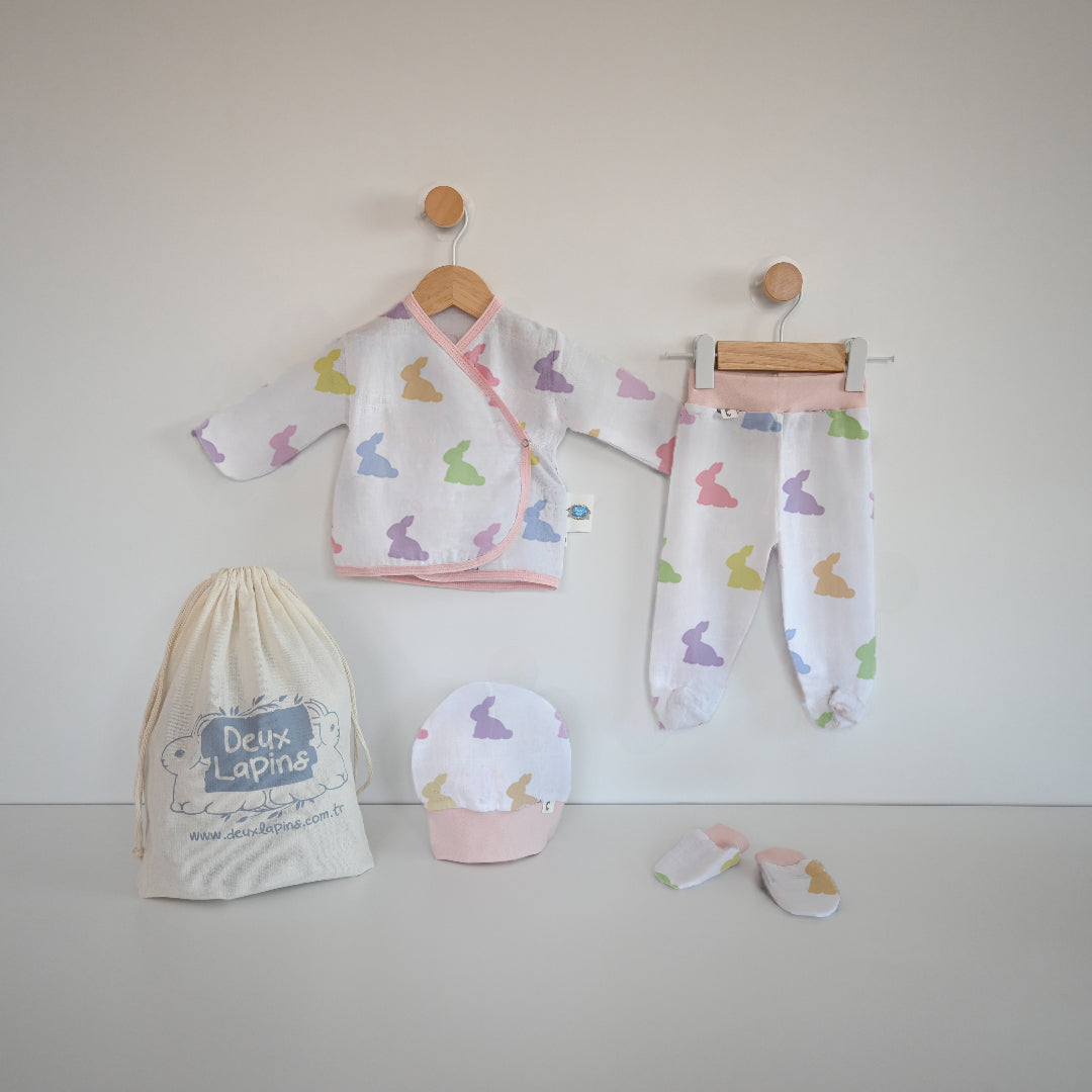 Yenidoğan Bebek Hastane Çıkış Seti 4 Parça - Rainbow Lapin Pink