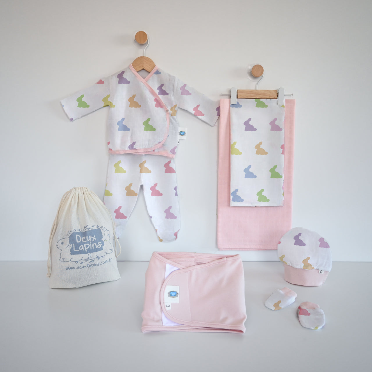 Yenidoğan Bebek Hastane Çıkış Seti 7 Parça - Rainbow Lapin Pink