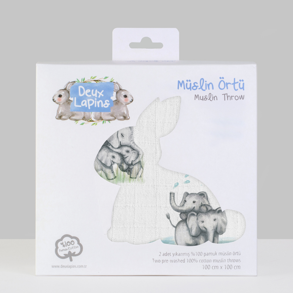 2’li Müslin Bebek Örtüsü - Les Elephants ve Cotton Grey - 100x100 cm