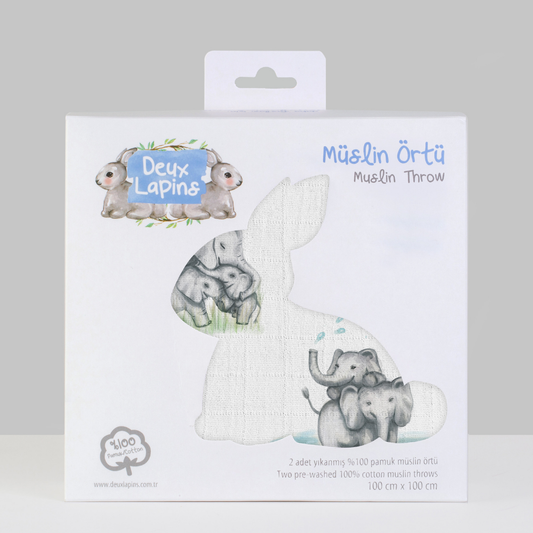 2’li Müslin Bebek Örtüsü - Les Elephants ve Cotton Grey - 100x100 cm