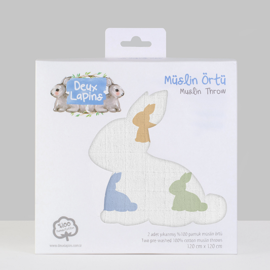 2’li Müslin Bebek Örtüsü - Rainbow Lapin ve Cotton Grey - 100x100 cm