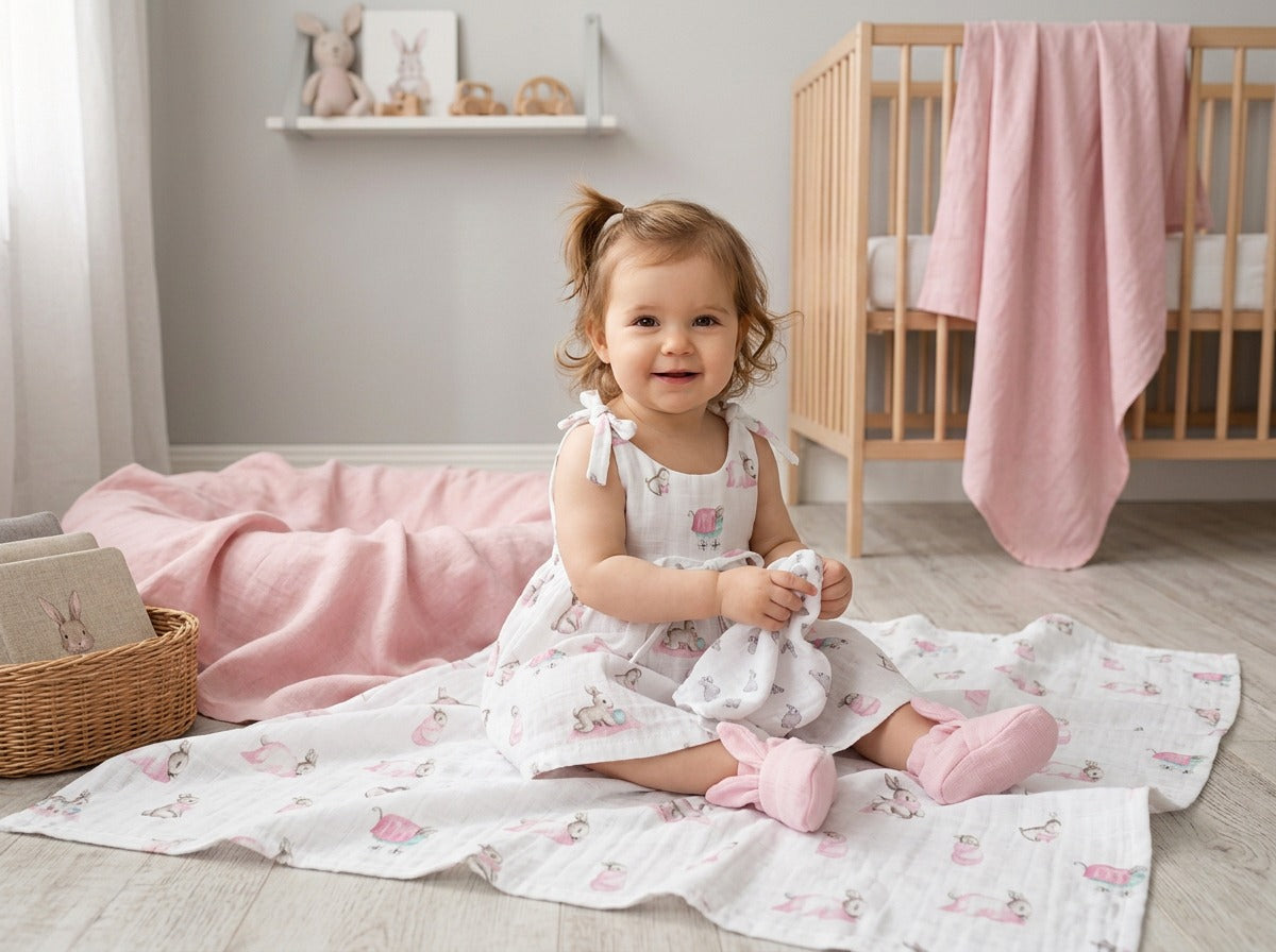 2’li Müslin Bebek Örtüsü - Bebe Lapin Rose ve Innocent Pink - 100x100 cm