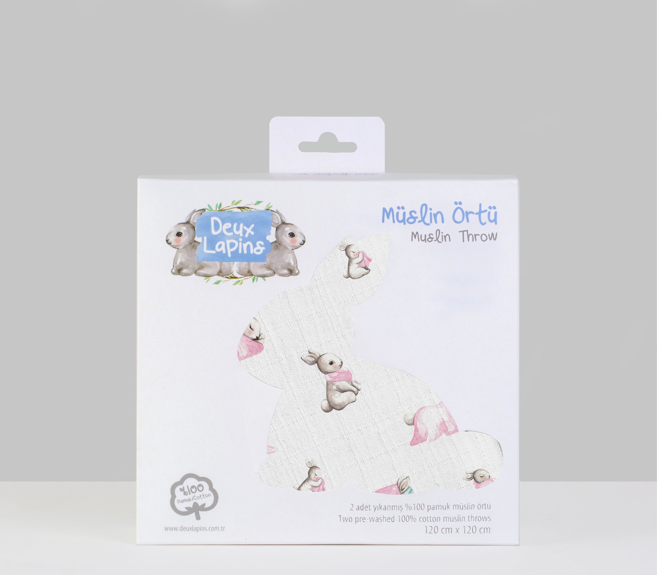 2’li Müslin Bebek Örtüsü - Bebe Lapin Rose ve Cotton Grey - 100x100 cm
