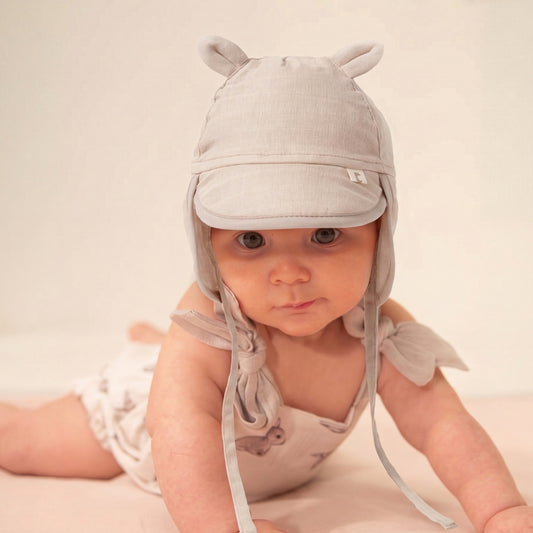 Müslin Ense Korumalı Bebek Şapka - Cotton Grey