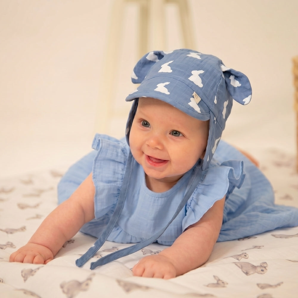 Müslin Ense Korumalı Bebek Şapka - Mono Lapin Royal Blue