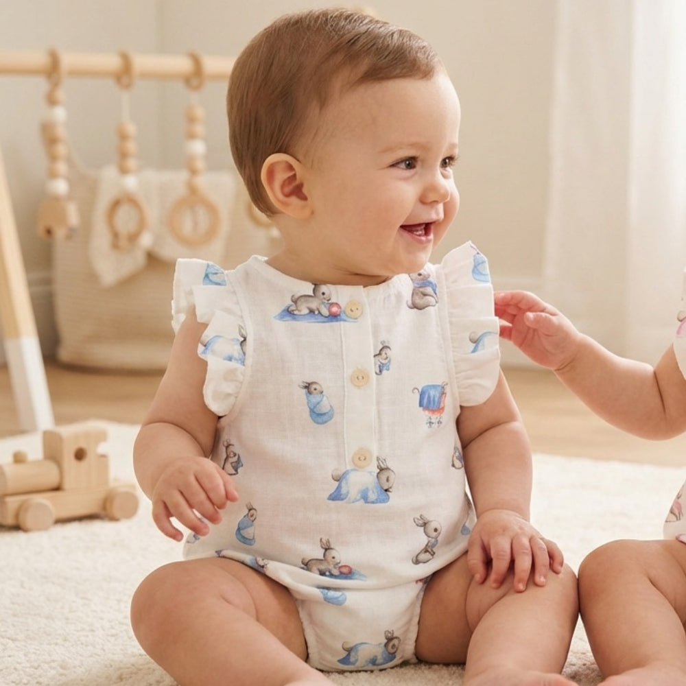 Müslin Kız Bebek Fırfırlı Kolsuz Tulum - Bébé Lapin