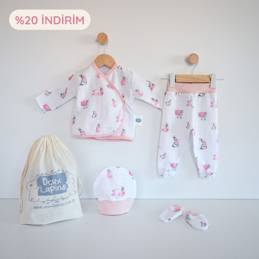 Yenidoğan Bebek Hastane Çıkış Seti 4 Parça - Bébé Lapin Rose