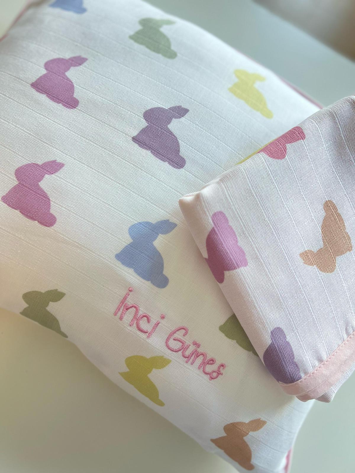 Müslin Bebek Yastığı Kılıfı - Rainbow Lapin Pink