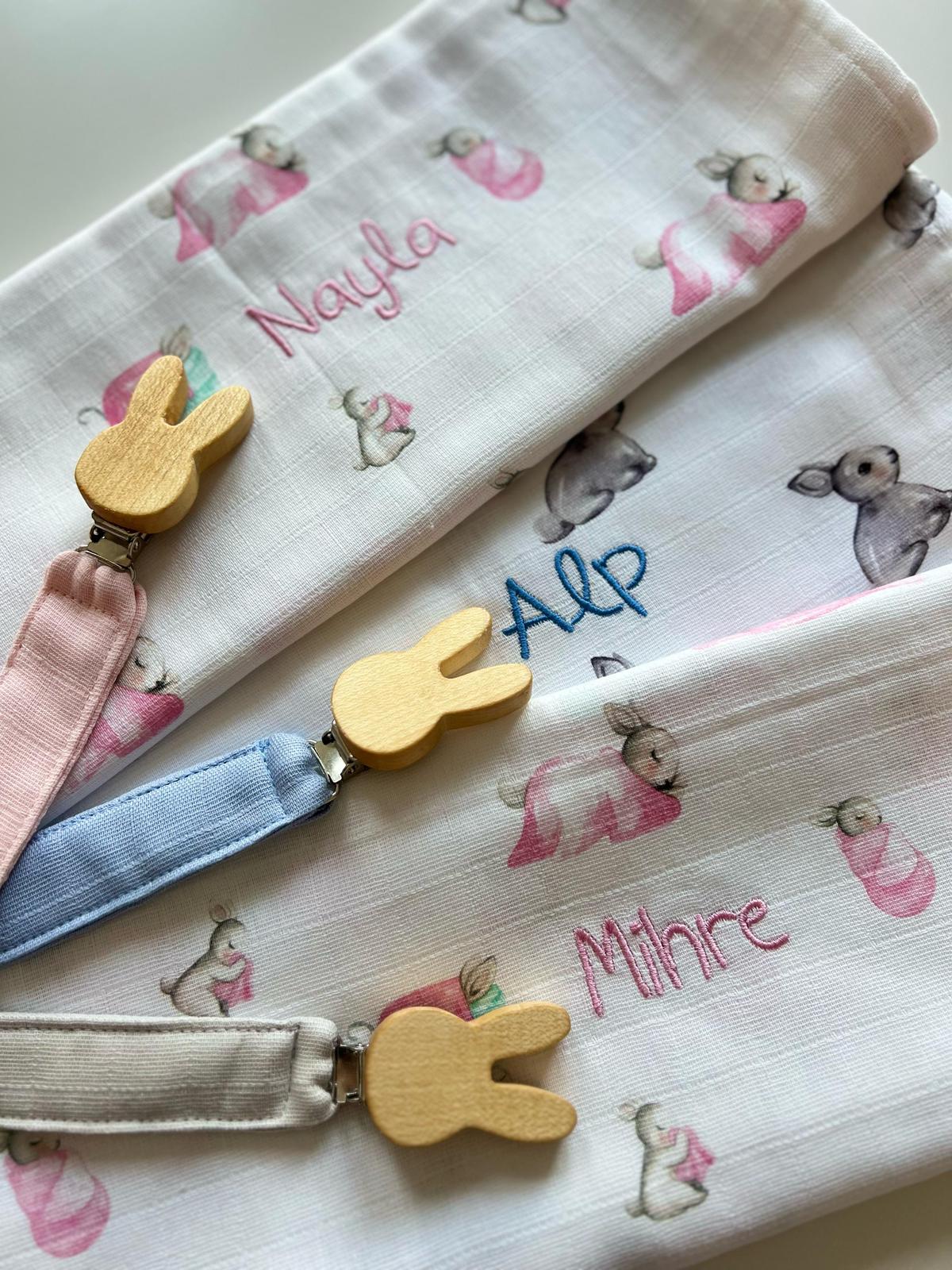 2’li Müslin Bebek Örtüsü - Bebe Lapin Rose ve Cotton Grey - 100x100 cm