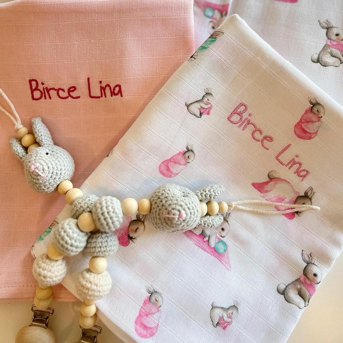 2’li Müslin Bebek Örtüsü - Bebe Lapin Rose ve Cotton Grey - 100x100 cm