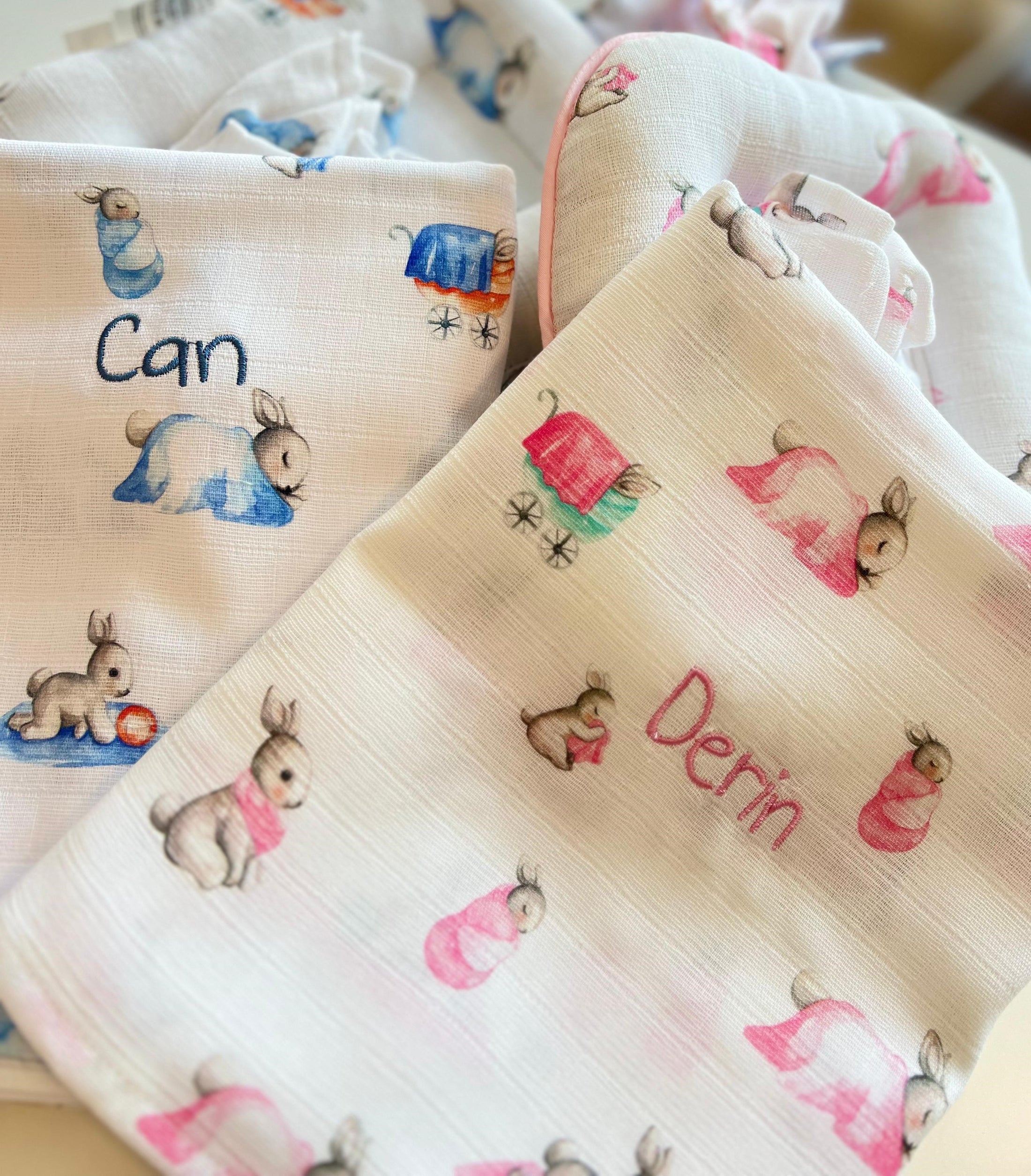 2’li Müslin Bebek Örtüsü - Bebe Lapin Rose ve Cotton Grey - 100x100 cm