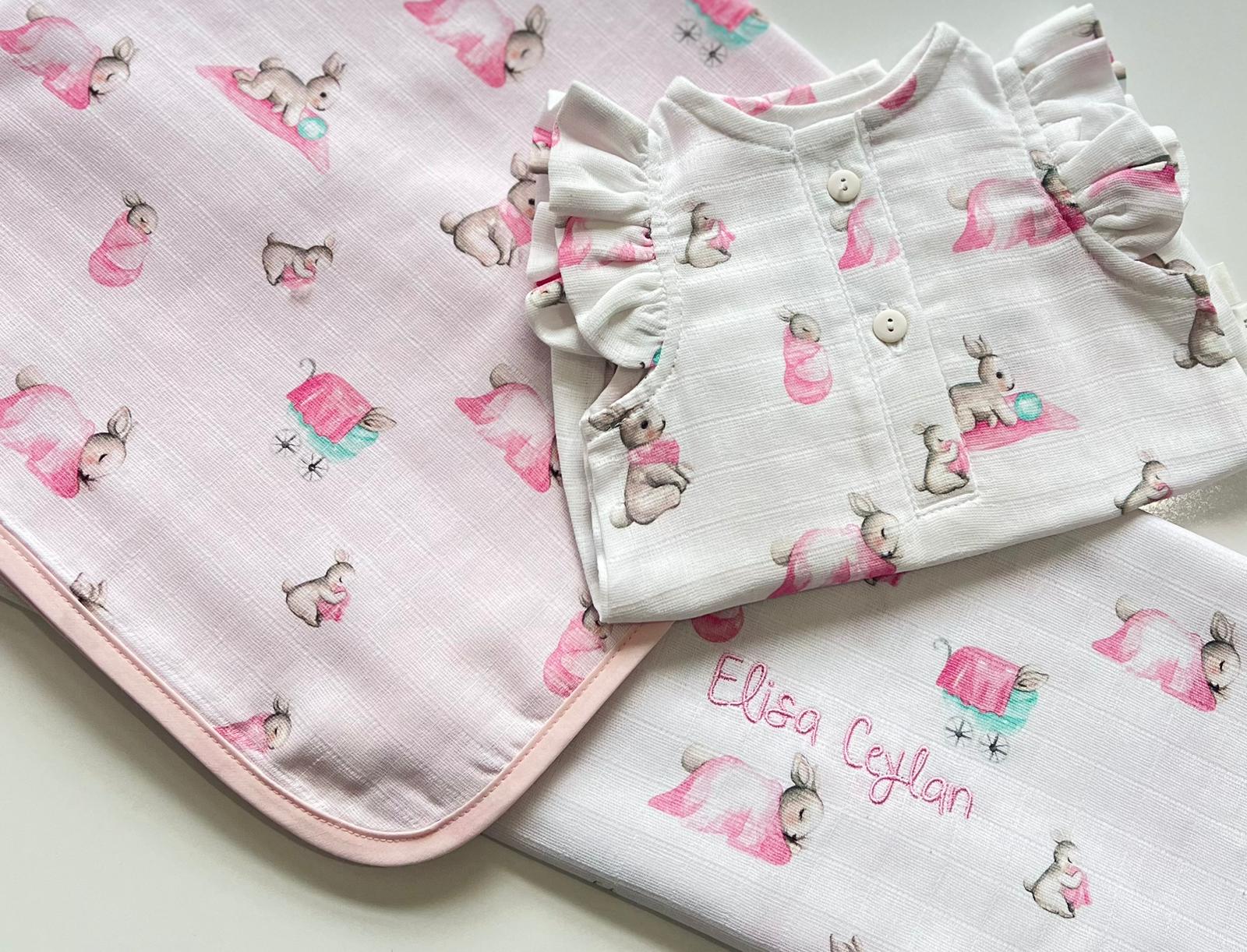 2’li Müslin Bebek Örtüsü - Bebe Lapin Rose ve Cotton Grey - 100x100 cm
