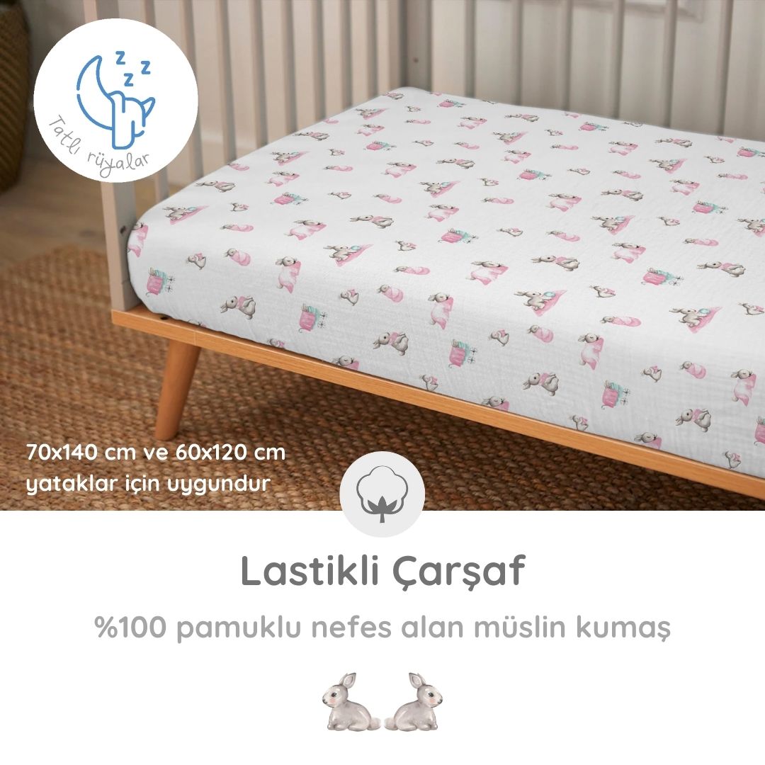 Lastikli Müslin Bebek Çarşaf - Bébé Lapin Rose
