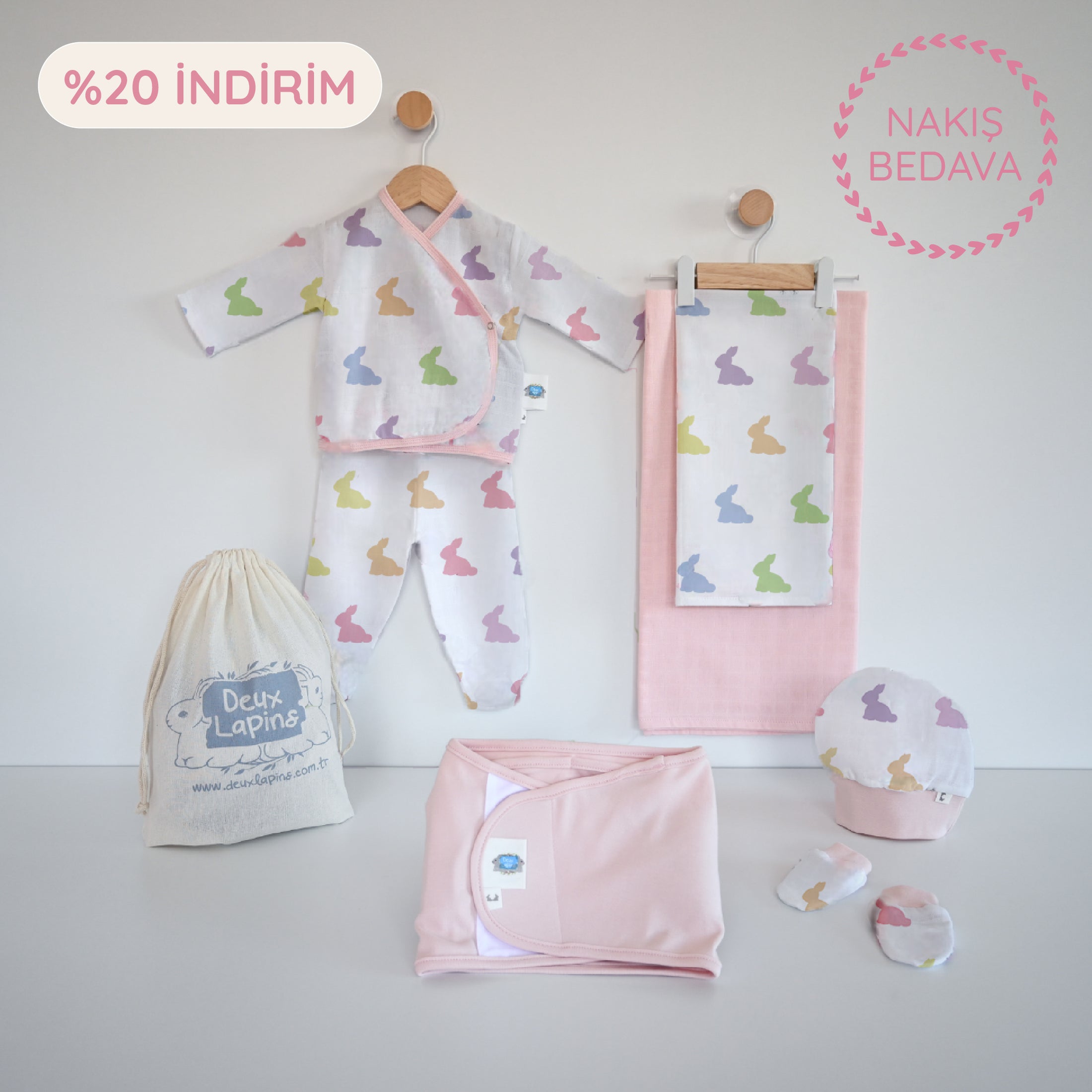 Yenidoğan Bebek Hastane Çıkış Seti 7 Parça - Rainbow Lapin Pink